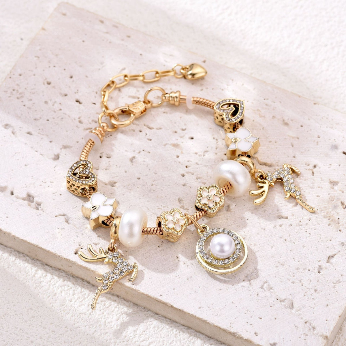 Classy Rhinestone Deer & Pearl Charm Bracelet