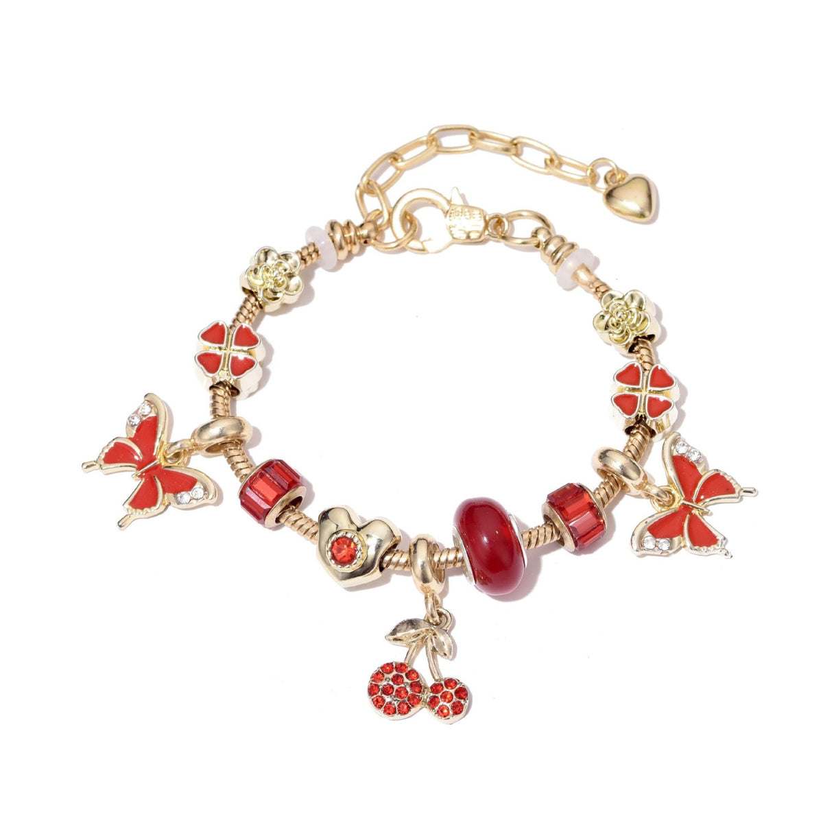 Romantic Red Cherry & Butterfly Charm Bracelet