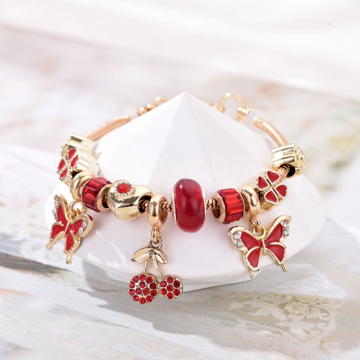 Romantic Red Cherry & Butterfly Charm Bracelet
