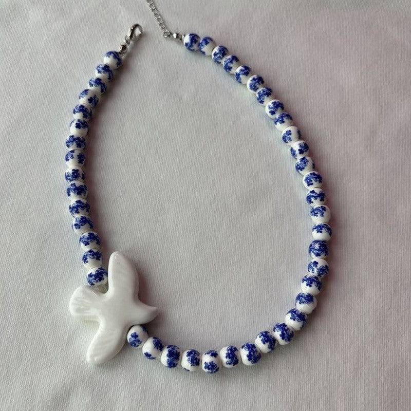 Classy Blue Floral Ceramic Dove Necklace