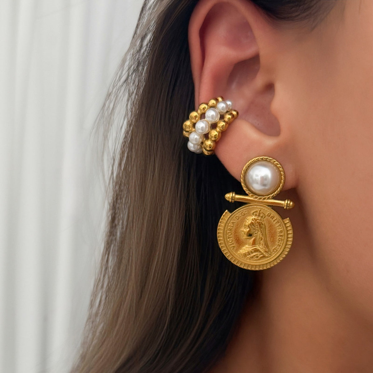 18k Vintage Coin & Pearl Cuff Earrings
