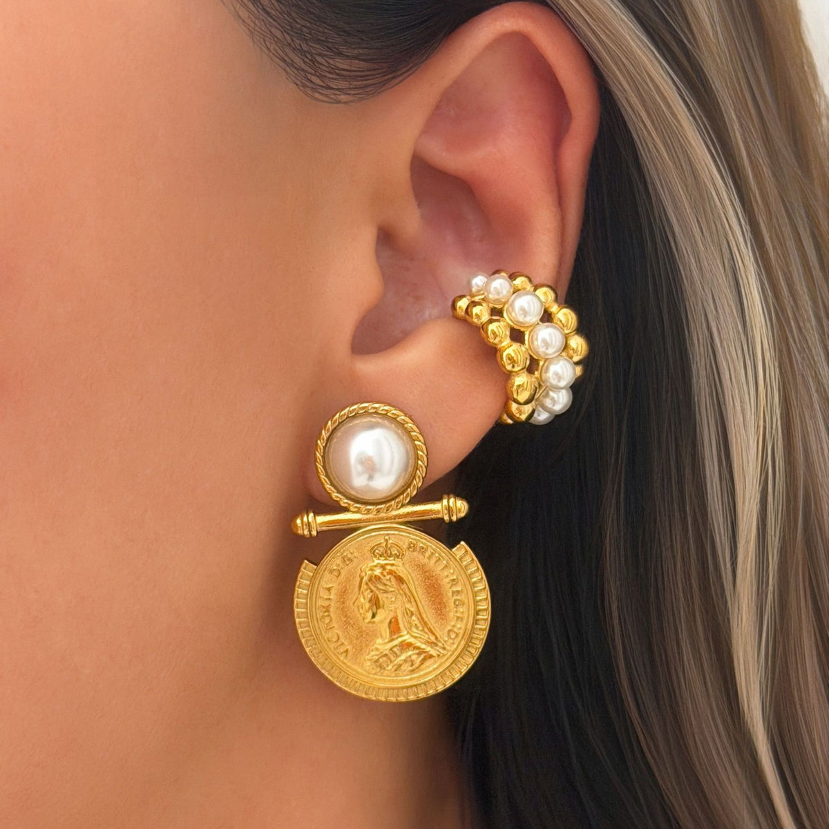 18k Vintage Coin & Pearl Cuff Earrings