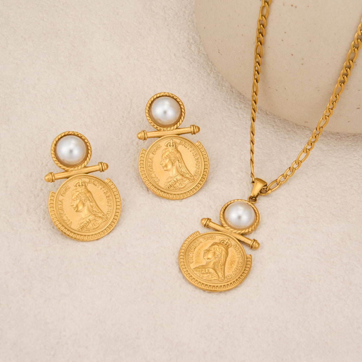 Vintage Coin & Pearl Necklace and Earring Set