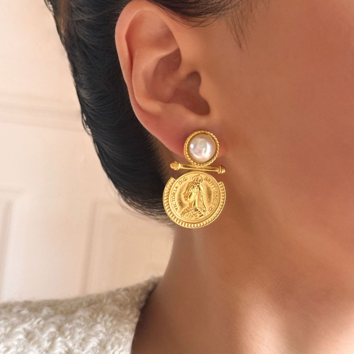 Vintage Coin & Pearl Necklace and Earring Set