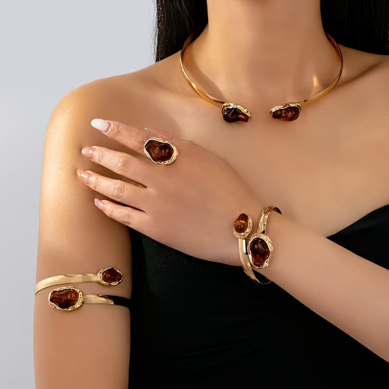 Classy Amber Stone Cuff Bracelet Set