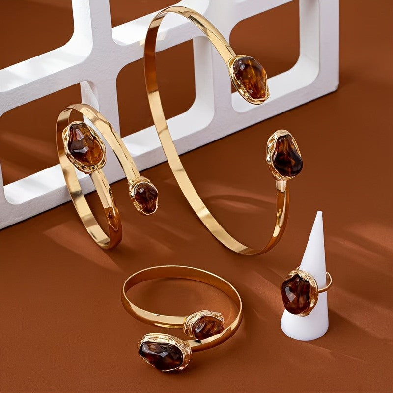 Classy Amber Stone Cuff Bracelet Set