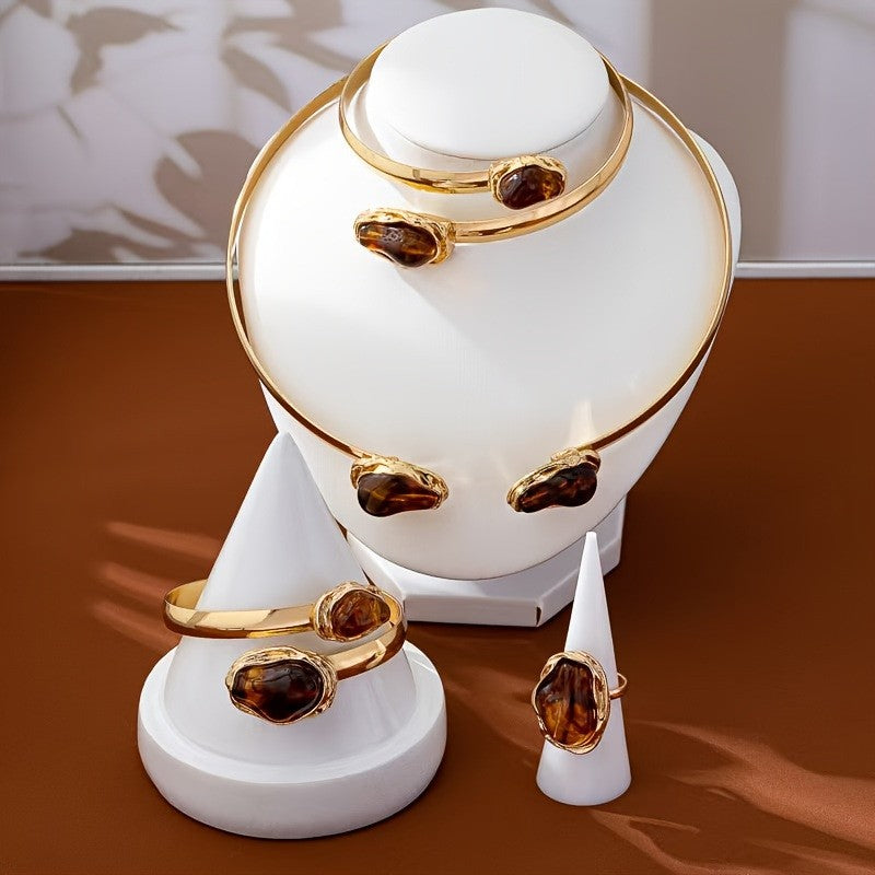 Classy Amber Stone Cuff Bracelet Set