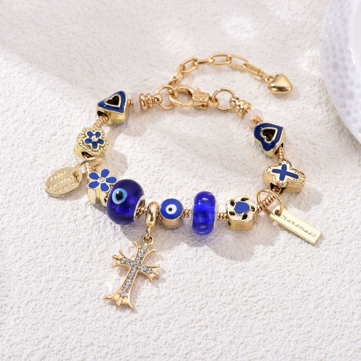 Dainty Blue Evil Eye & Cross Charm Bracelet