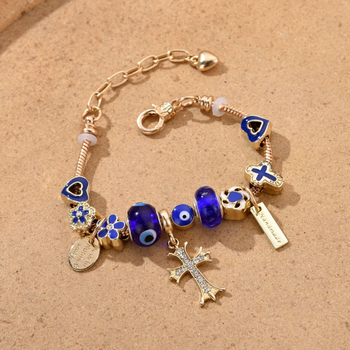 Dainty Blue Evil Eye & Cross Charm Bracelet