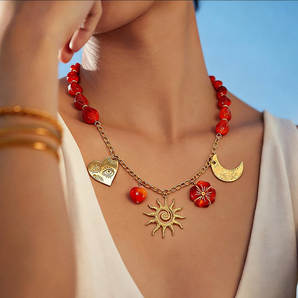 18k Boho Red Beaded Sun Moon Necklace