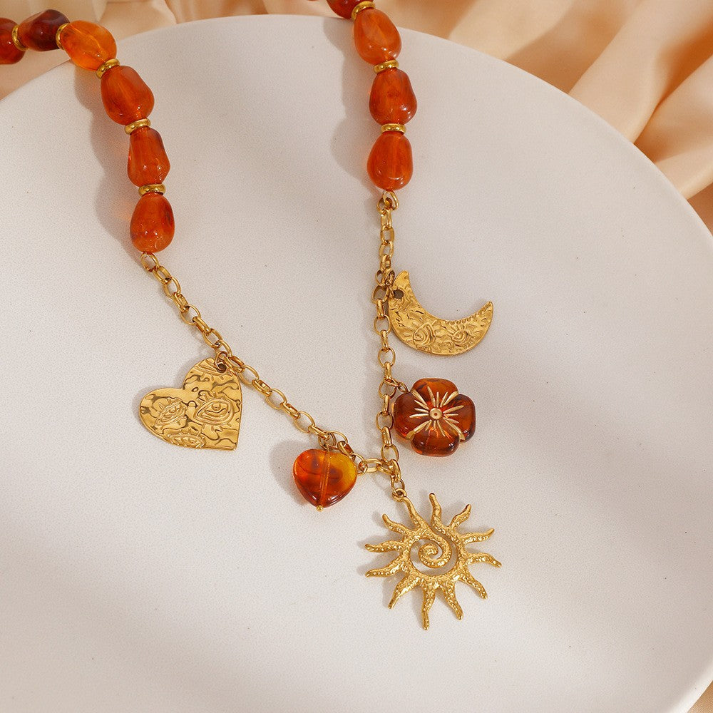 18k Boho Red Beaded Sun Moon Necklace