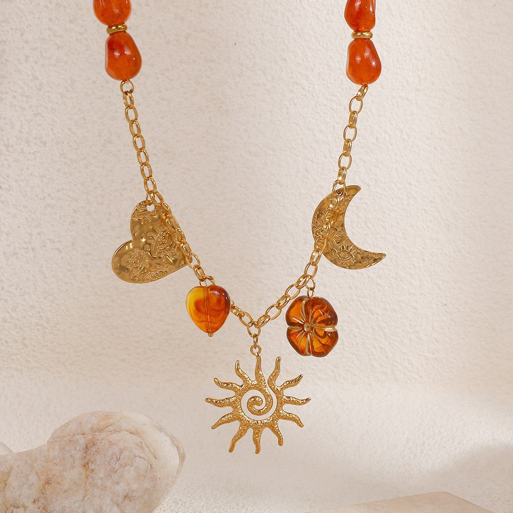 18k Boho Red Beaded Sun Moon Necklace