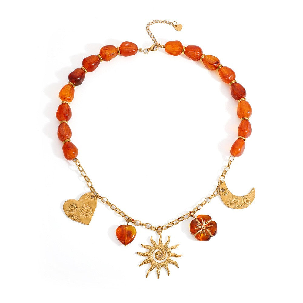 18k Boho Red Beaded Sun Moon Necklace