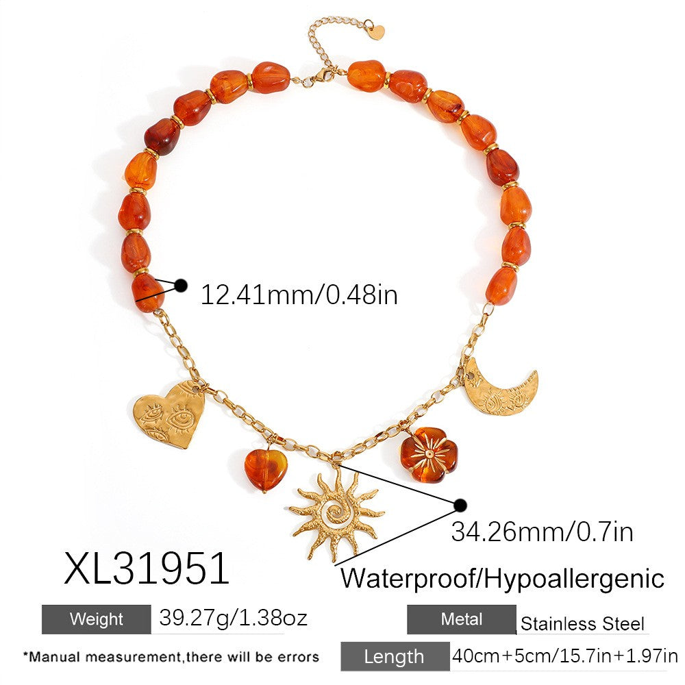 18k Boho Red Beaded Sun Moon Necklace