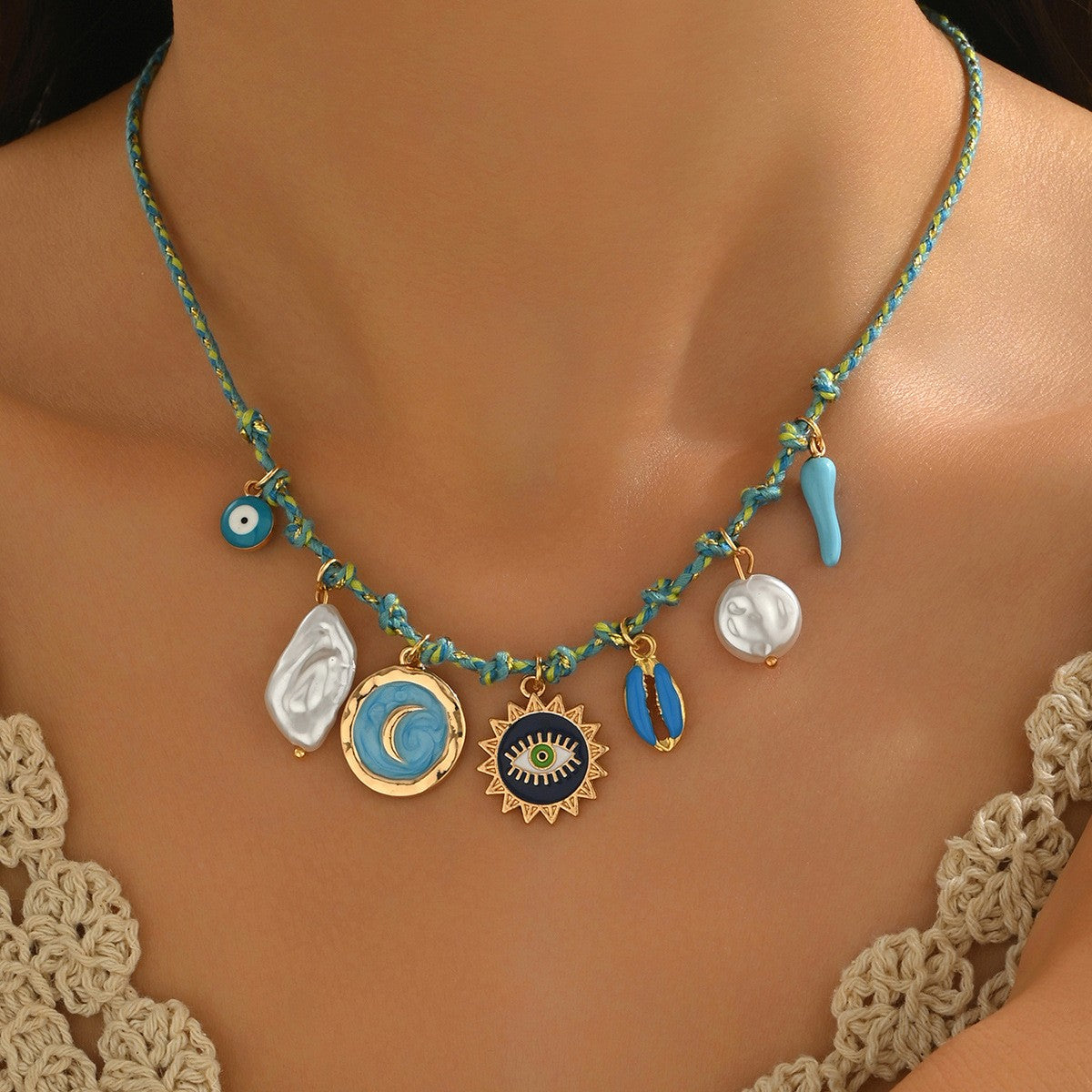 Boho Braided Moon & Evil Eye Charm Necklace