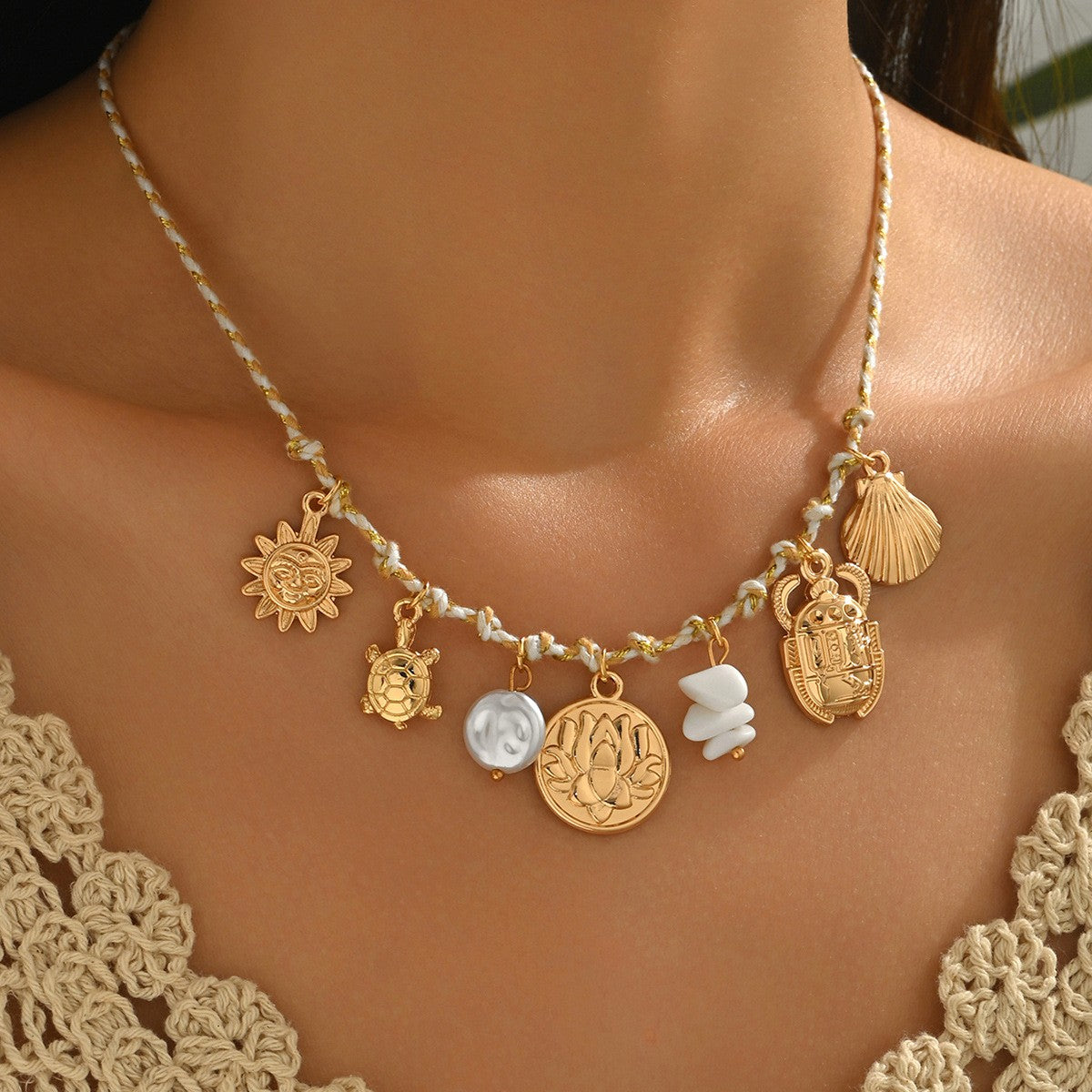 Boho Braided Moon & Evil Eye Charm Necklace