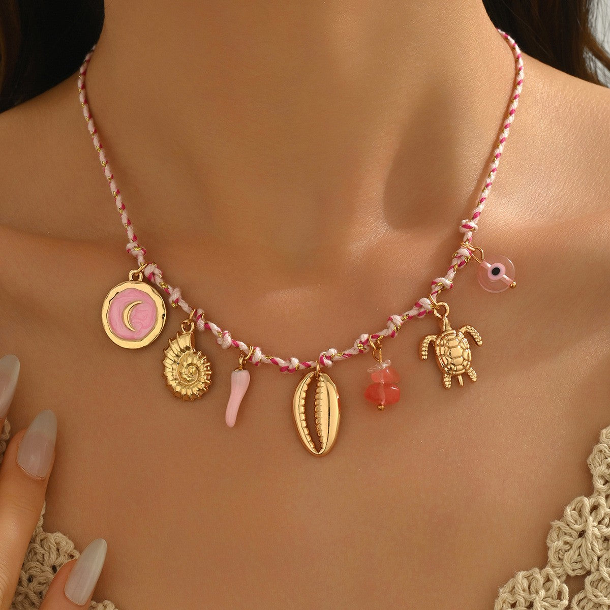 Boho Braided Moon & Evil Eye Charm Necklace