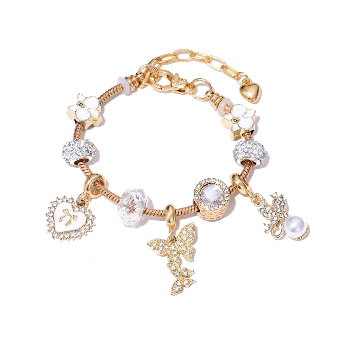 Classy Rhinestone Butterfly & Pearl Charm Bracelet