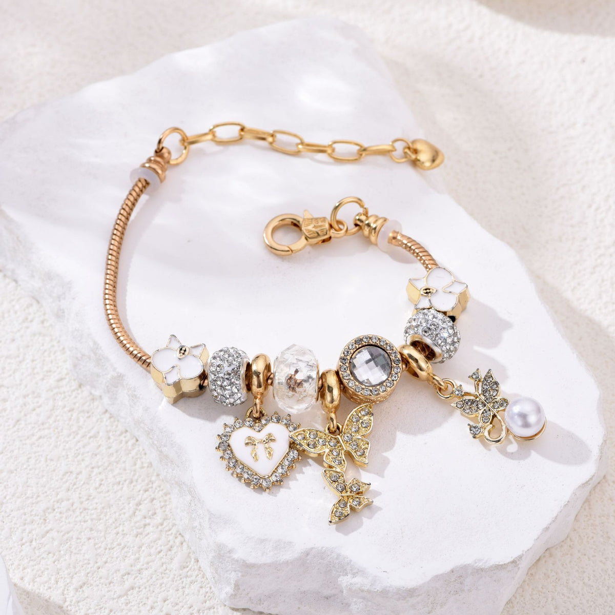 Classy Rhinestone Butterfly & Pearl Charm Bracelet