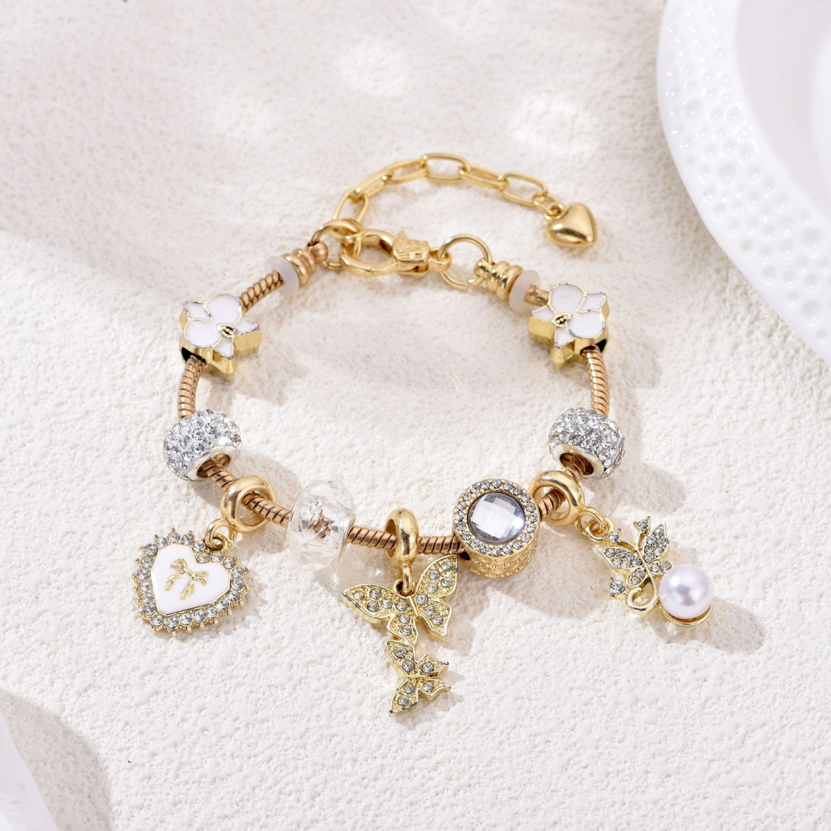Classy Rhinestone Butterfly & Pearl Charm Bracelet