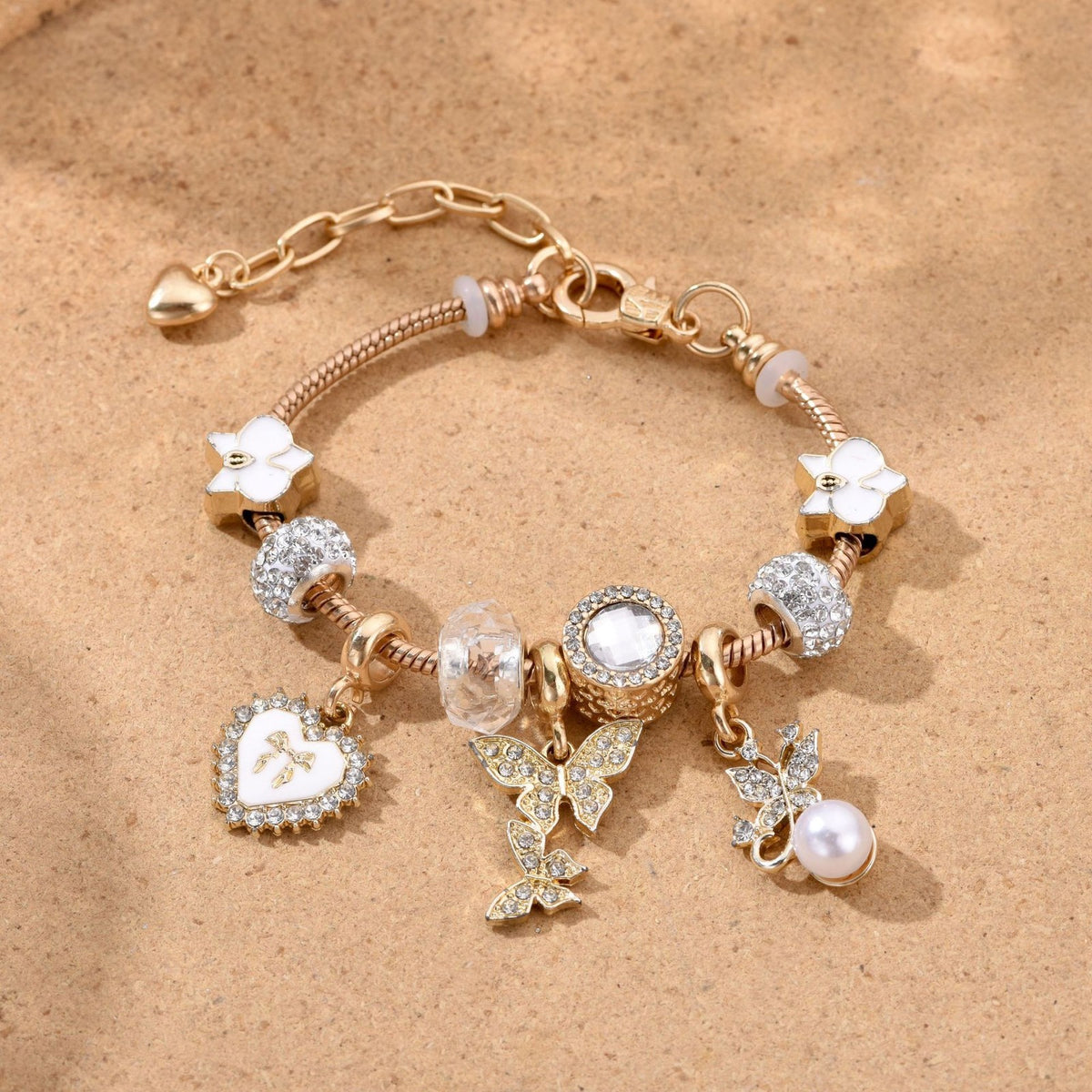 Classy Rhinestone Butterfly & Pearl Charm Bracelet