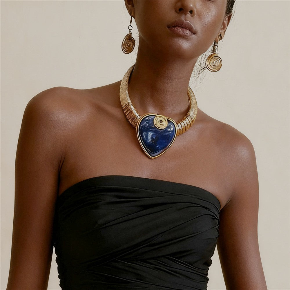 Classy Blue Resin Heart Necklace & Earring Set