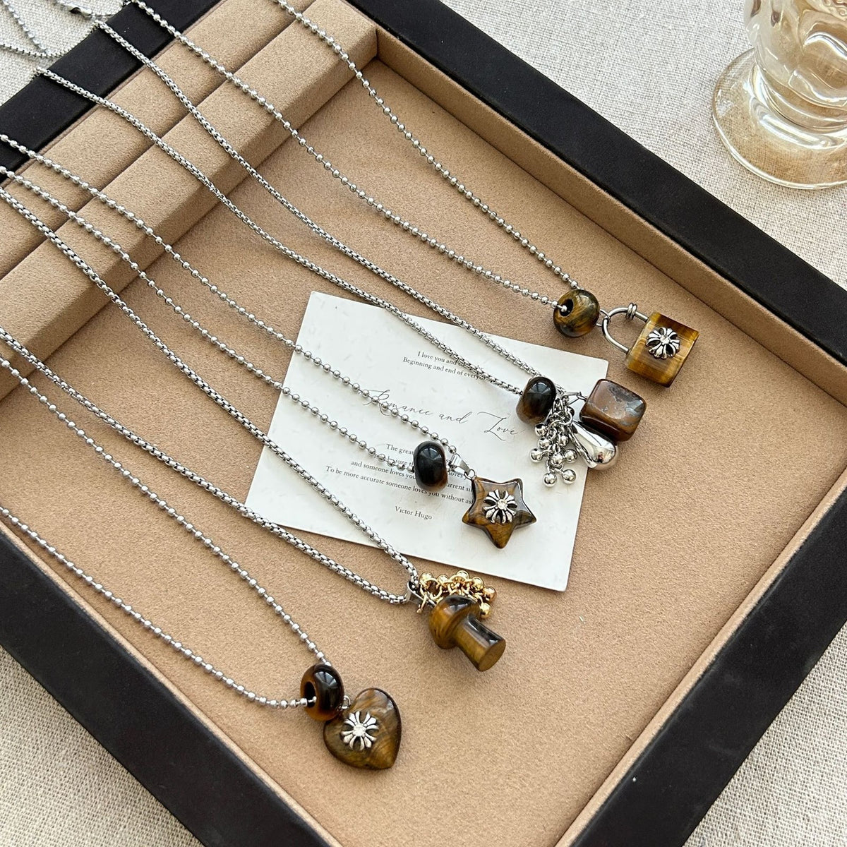 Vintage Tiger Eye Geometric Charm Necklace