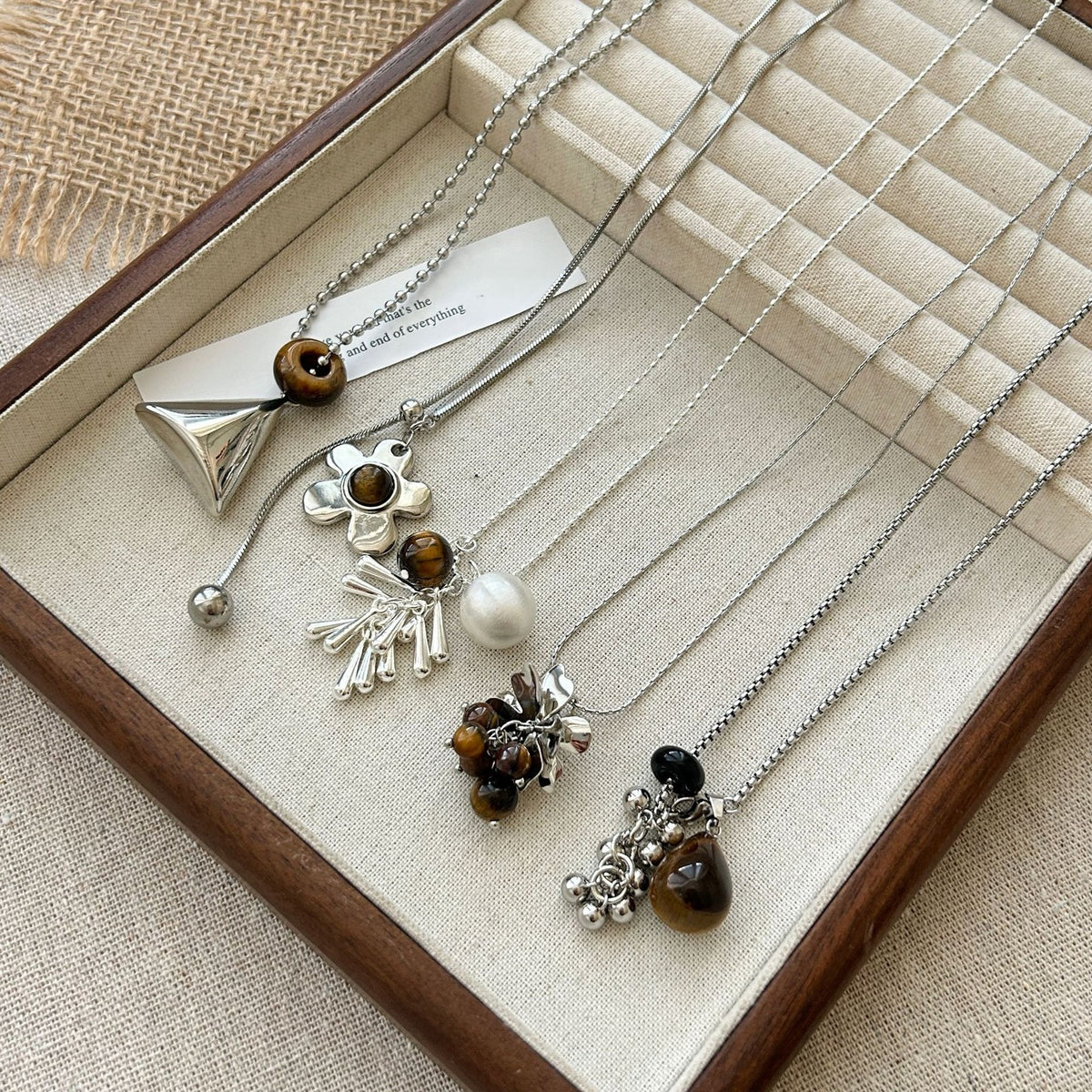 Vintage Tiger Eye Geometric Charm Necklace