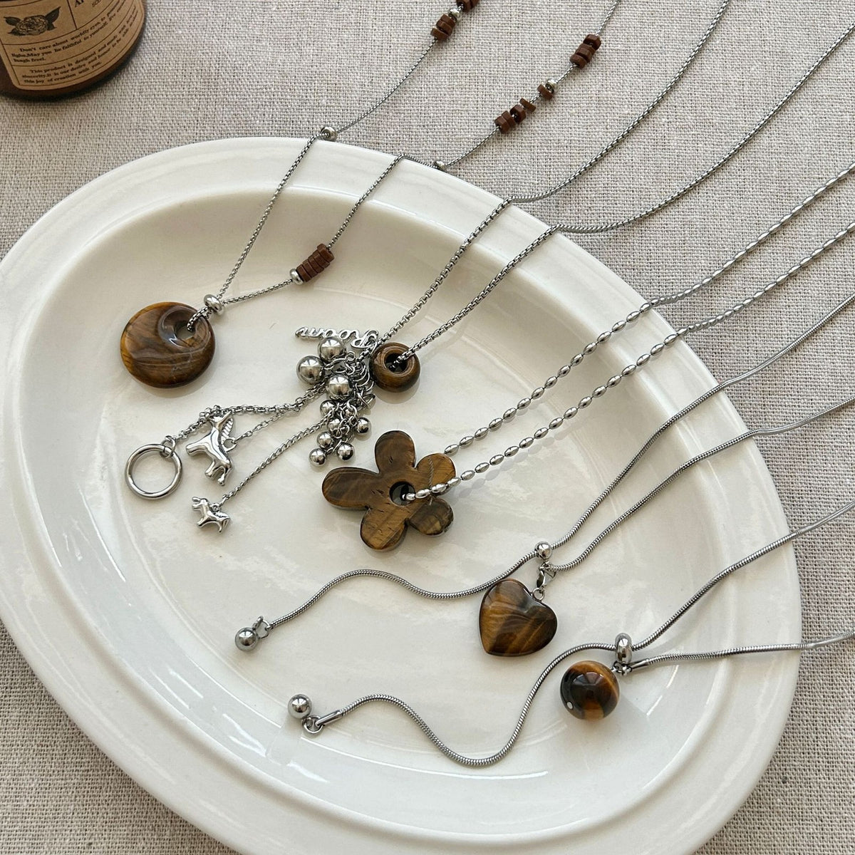 Vintage Tiger Eye Geometric Charm Necklace