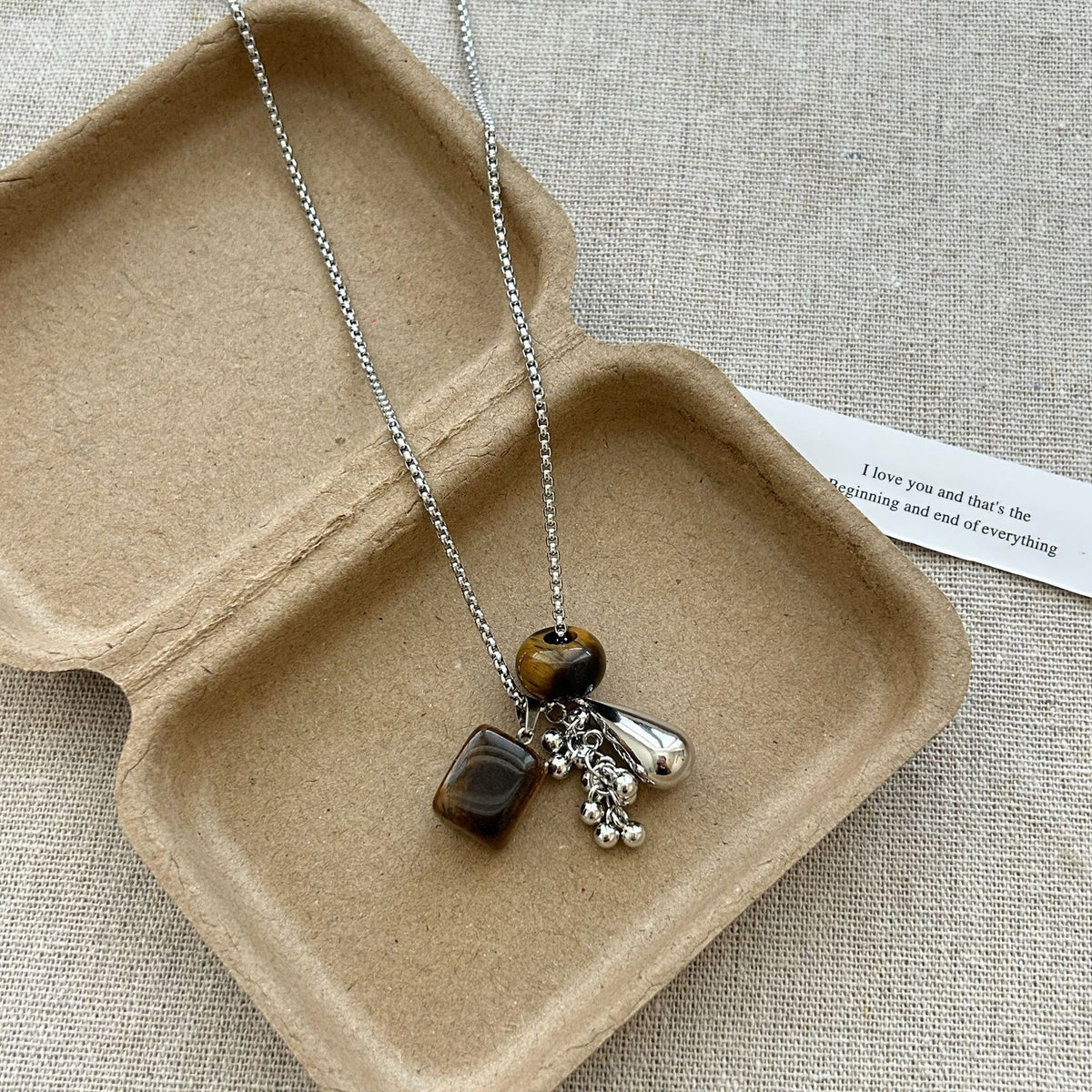 Vintage Tiger Eye Geometric Charm Necklace