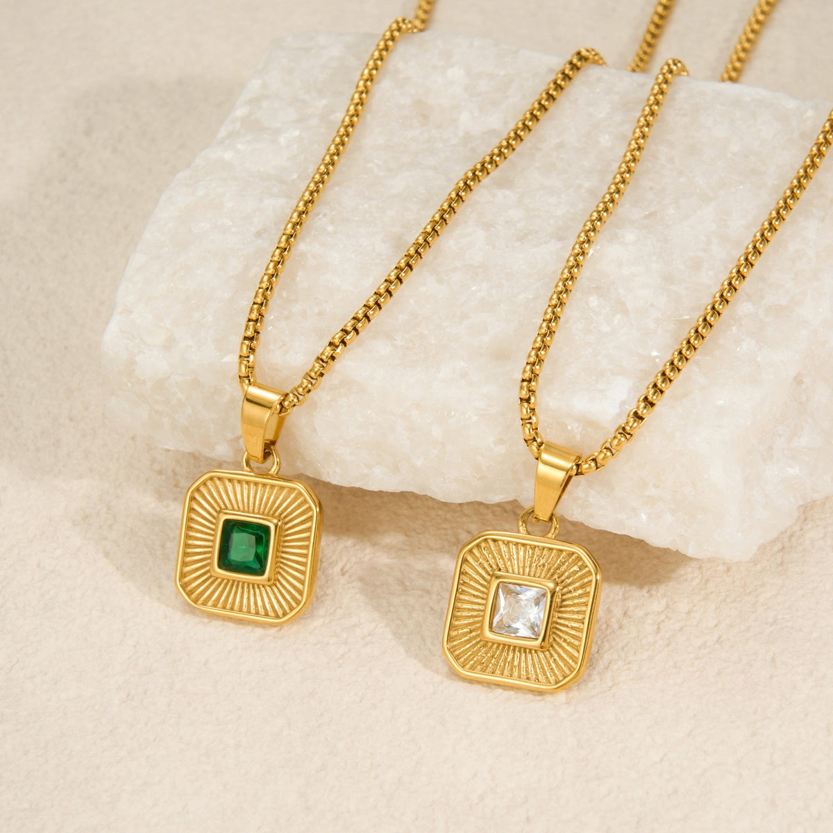 Classy Green Square Pendant Necklace