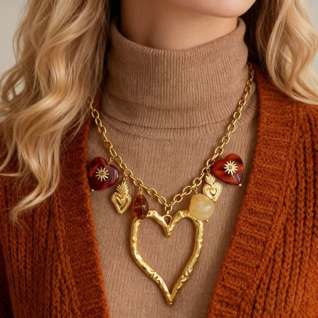 Boho Tortoise Shell & Heart Charm Necklace