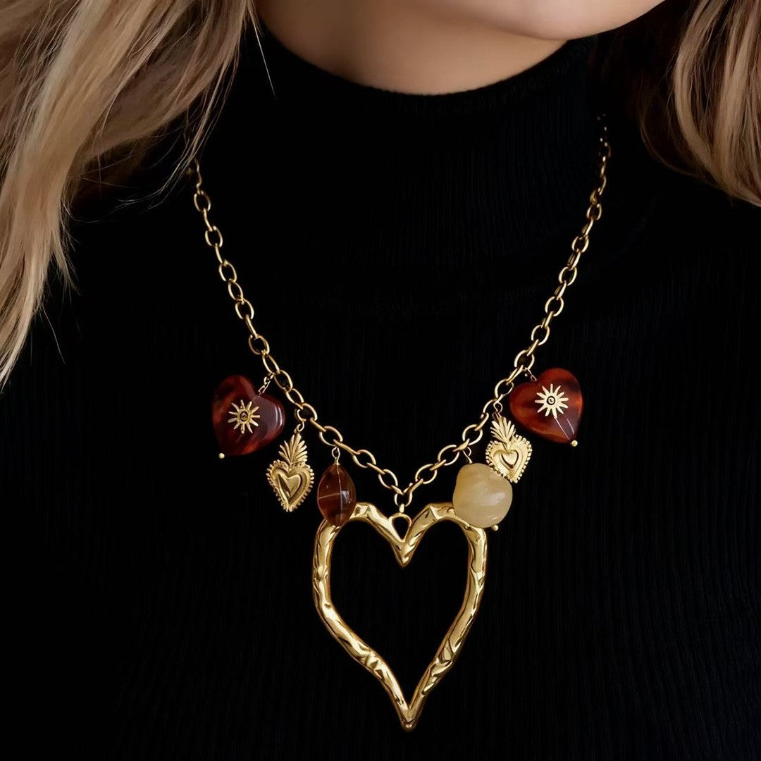 Boho Tortoise Shell & Heart Charm Necklace