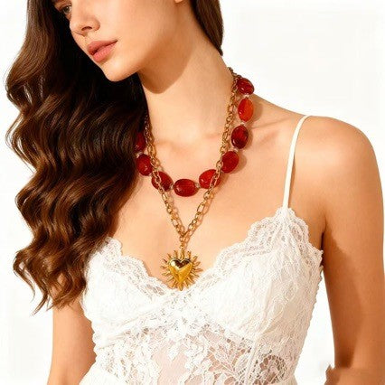 Boho Red Bead Sunflower Necklace