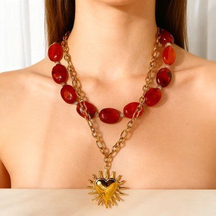 Boho Red Bead Sunflower Necklace