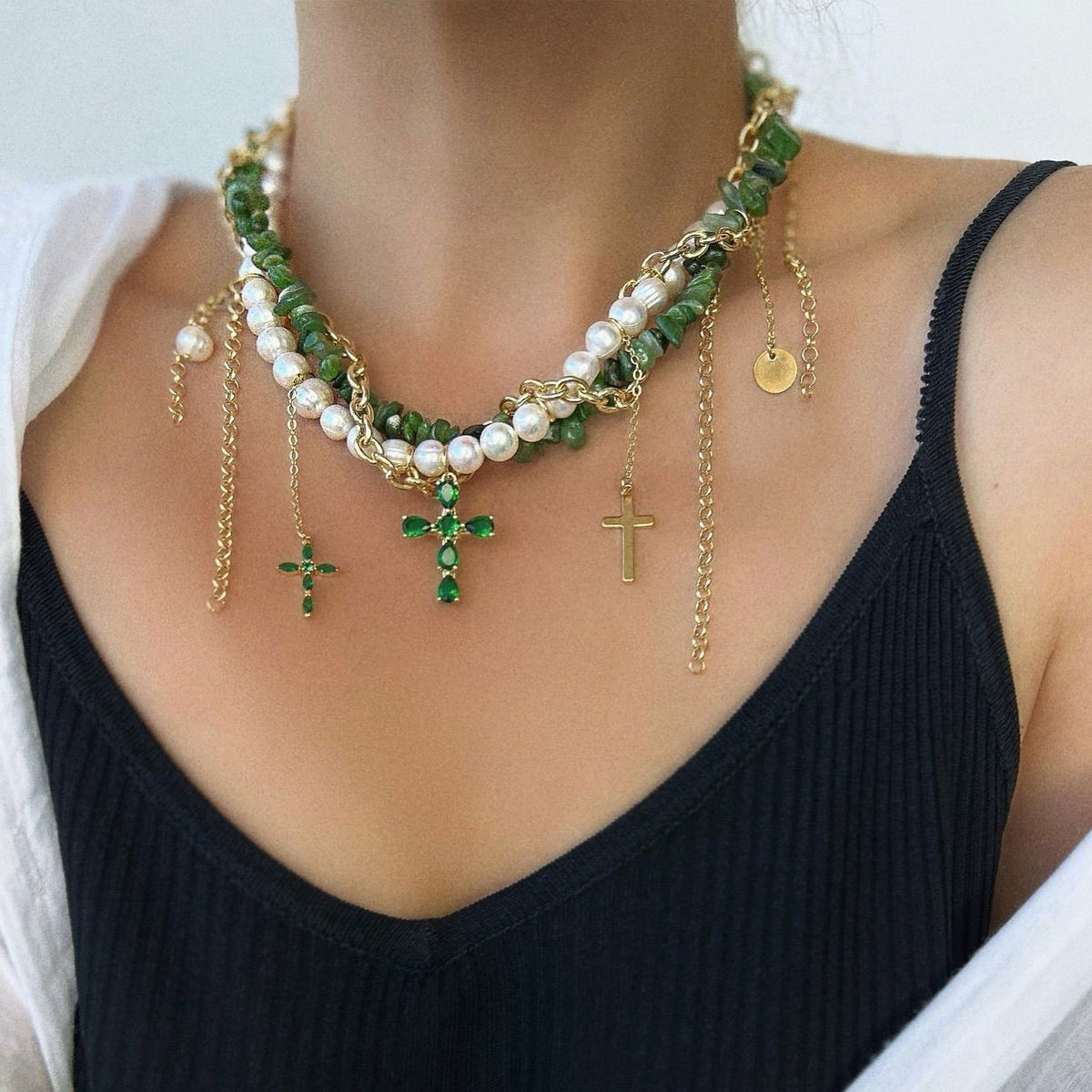 Boho Layered Faux Pearl Green Cross Necklace