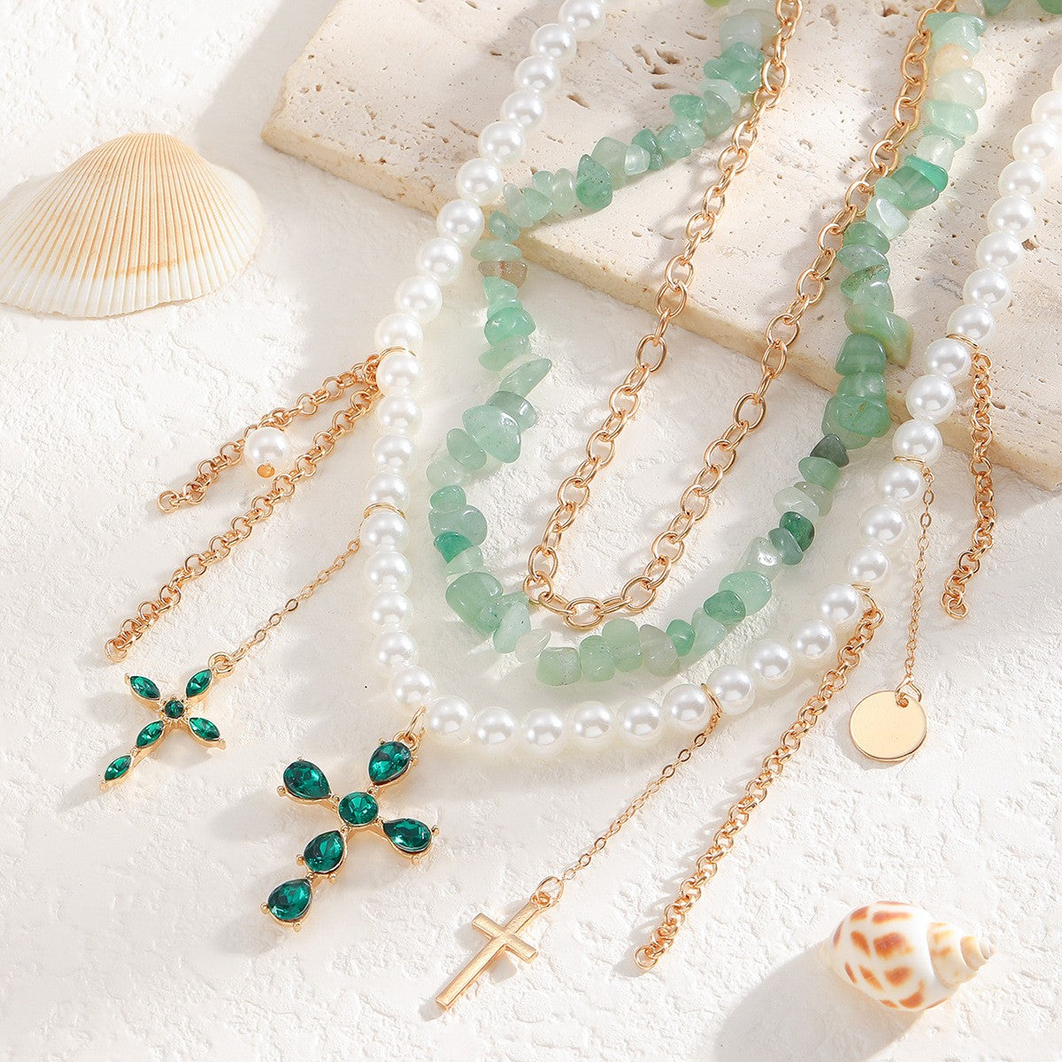 Boho Layered Faux Pearl Green Cross Necklace