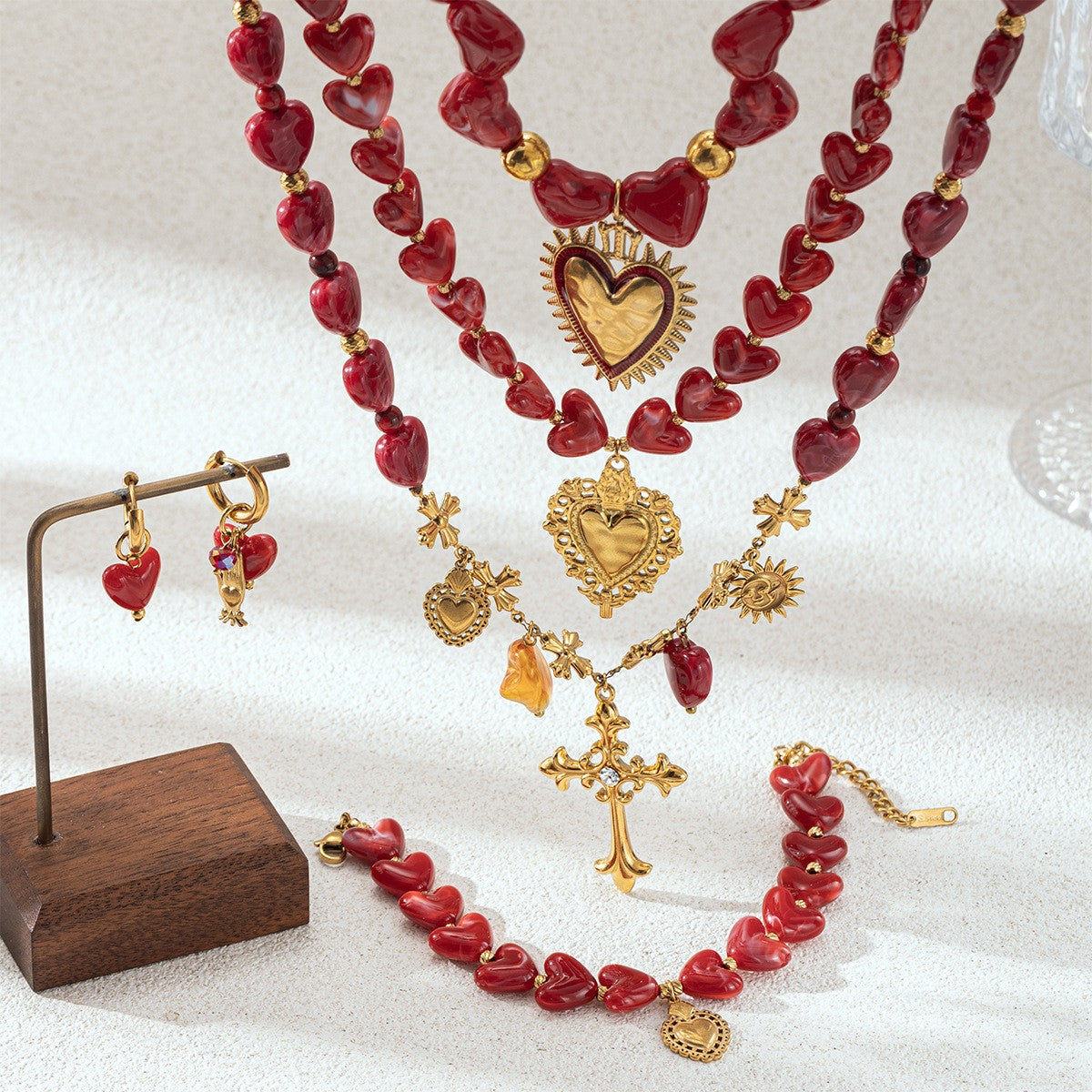 Romantic Red Sacred Heart Necklace, Bracelet & Earring Set