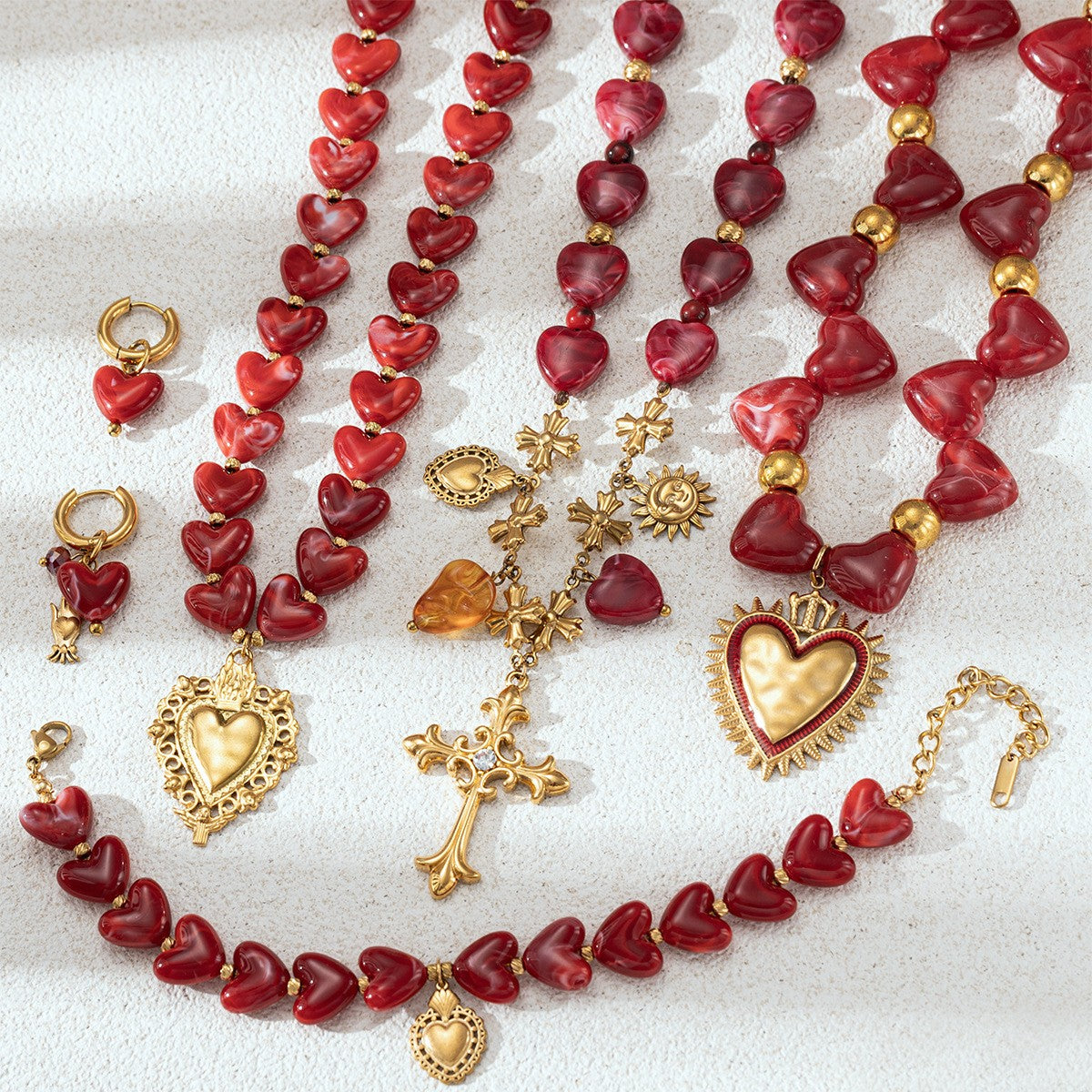 Romantic Red Sacred Heart Necklace, Bracelet & Earring Set
