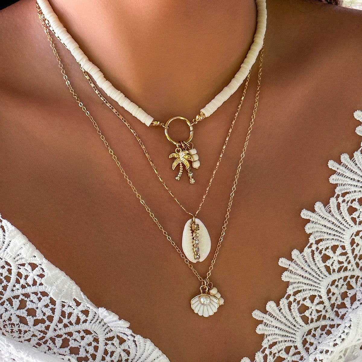 Boho Layered Shell & Palm Necklace Set