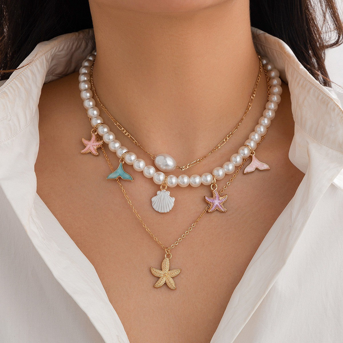 Boho Layered Shell & Palm Necklace Set