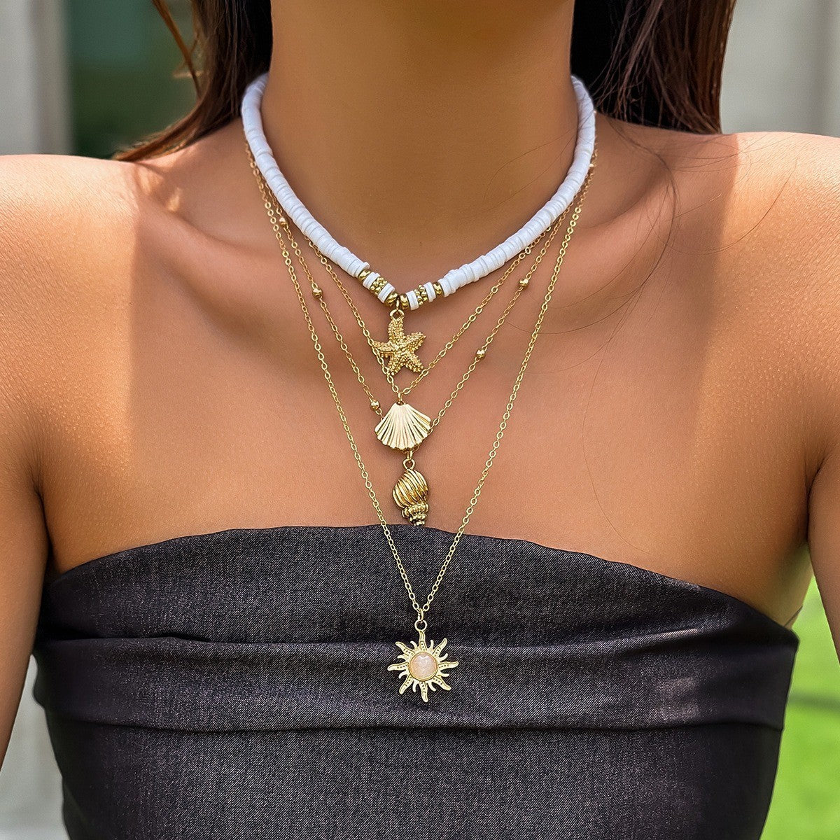 Boho Layered Shell & Palm Necklace Set