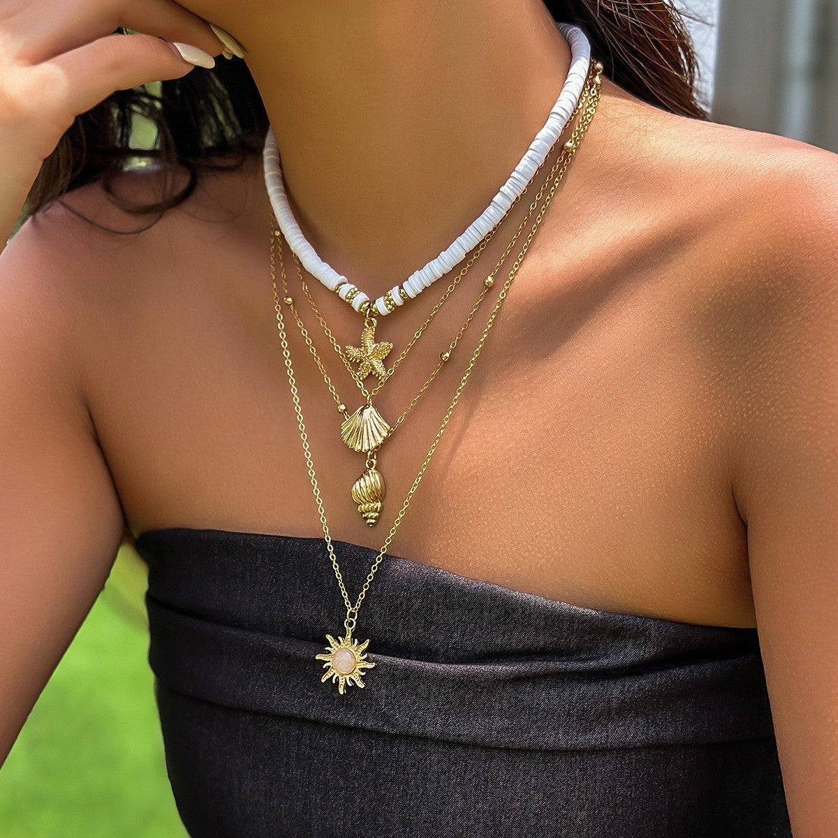 Boho Layered Shell & Palm Necklace Set