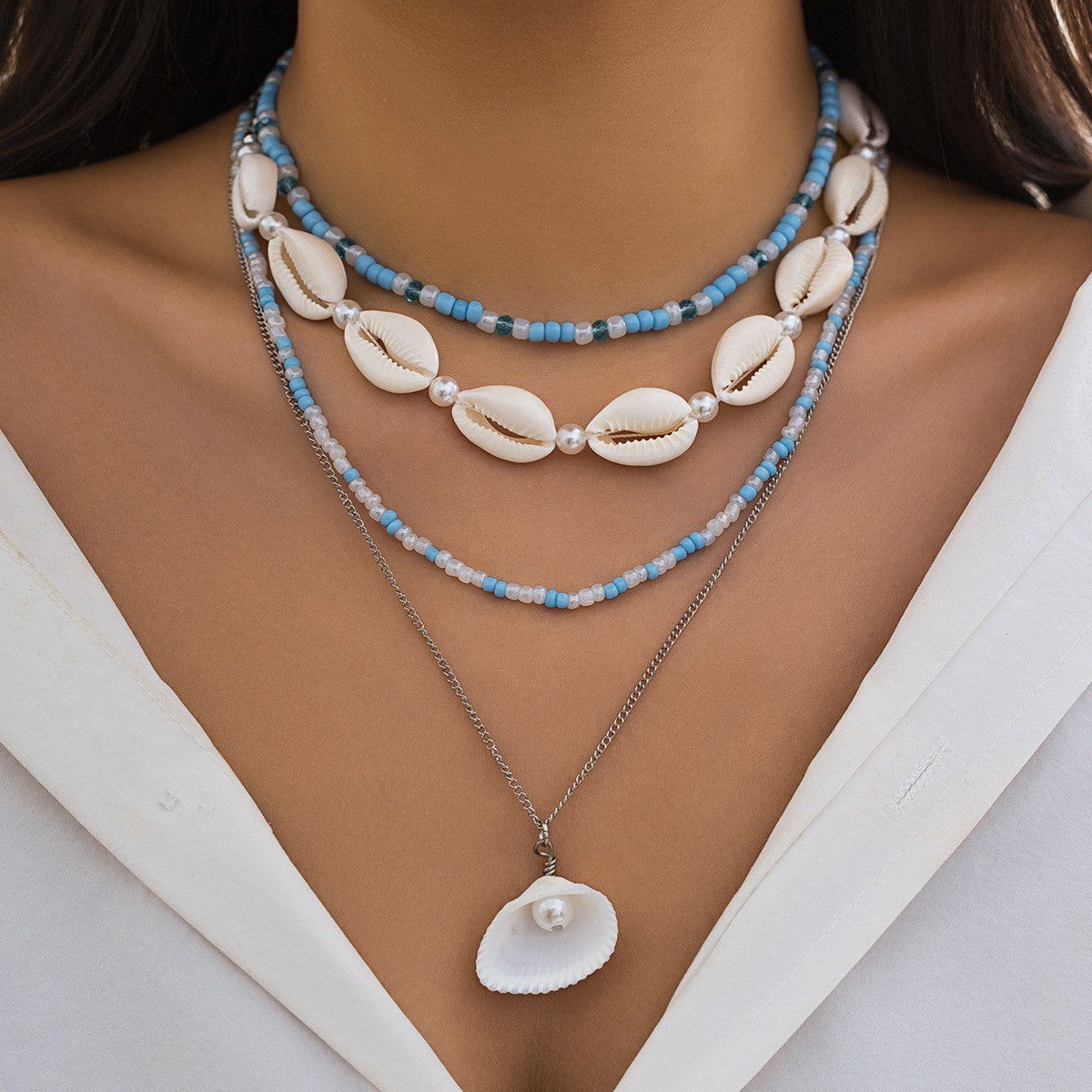 Boho Layered Shell & Palm Necklace Set