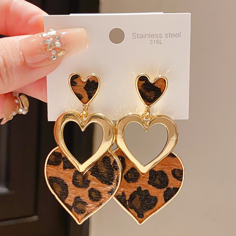 Vintage Leopard Heart Dangle Earrings