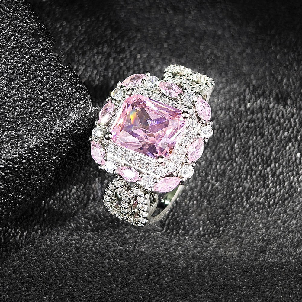 Romantic Pink Square Halo Zirconia Ring