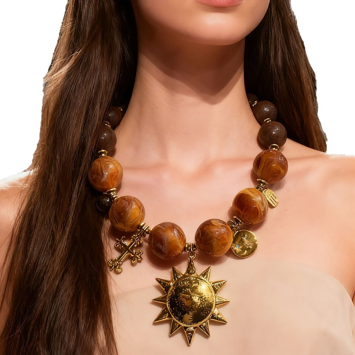 Boho Vintage Amber Beaded Sun Necklace