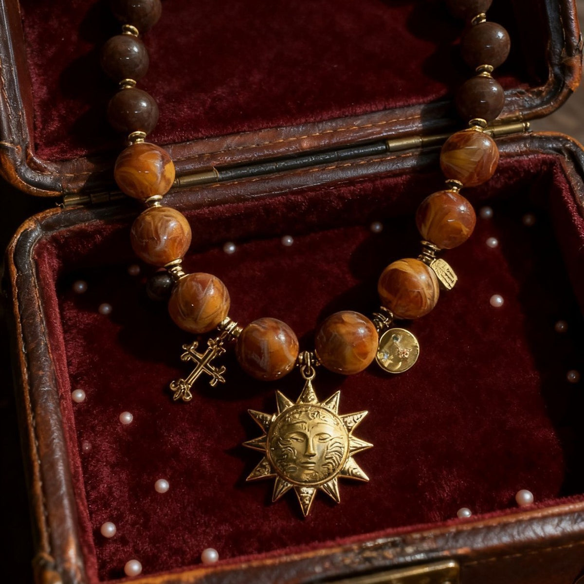 Boho Vintage Amber Beaded Sun Necklace