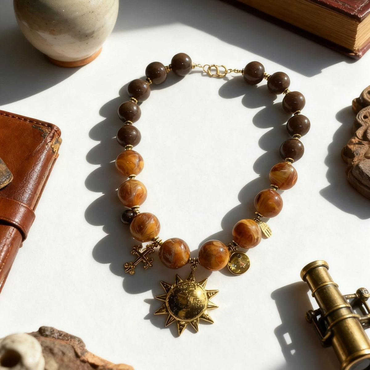 Boho Vintage Amber Beaded Sun Necklace
