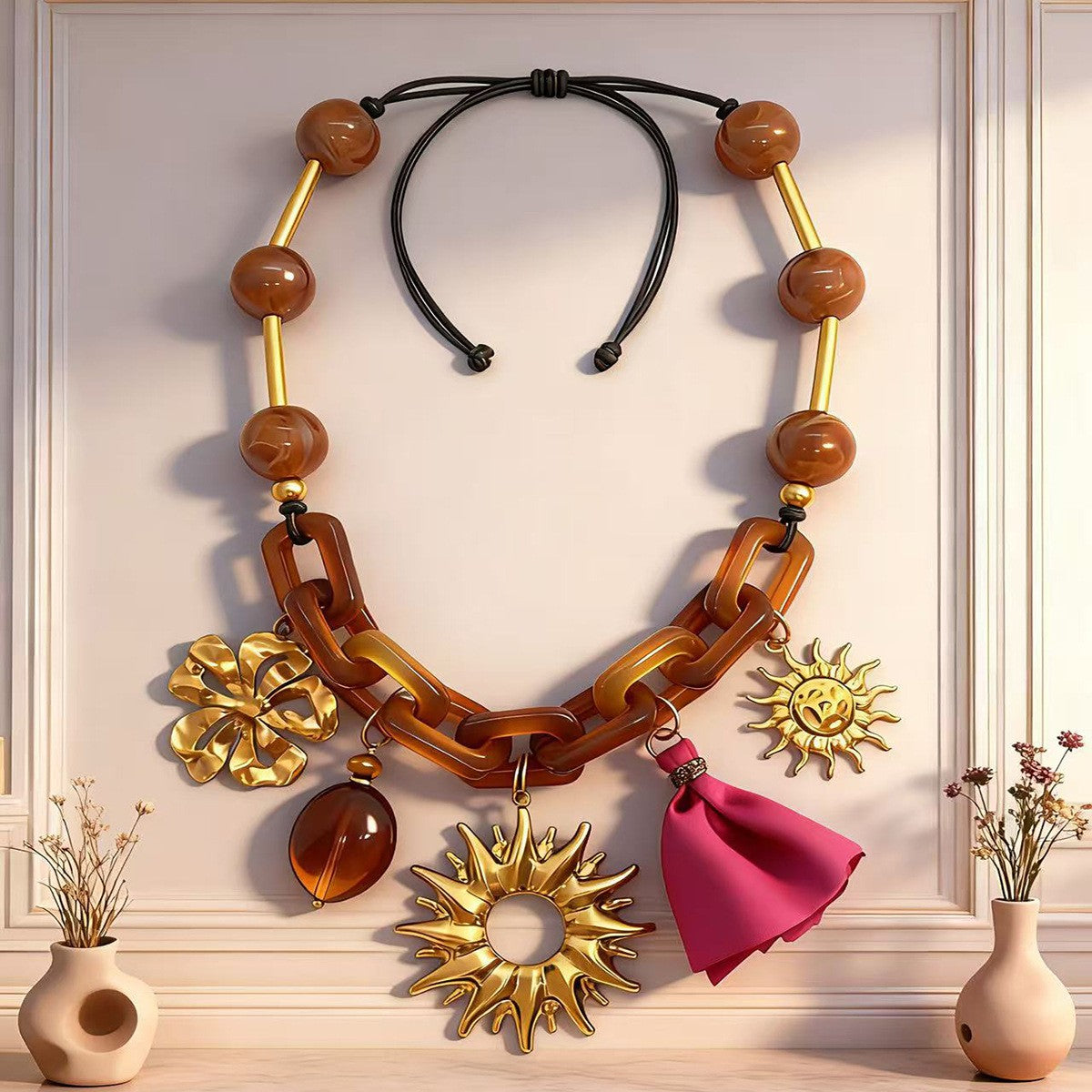 Vintage Amber Sun Charm Necklace